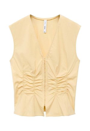 Yellow sleeveless top with a V-neck, featuring gathered detailing along the front for texture. Smooth fabric with a fitted silhouette.