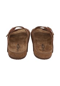 Bruine flip-flop sandalen met een kurken zool, suède voetbed en eenvoudige leren banden. Bevat een kleine decoratieve strik op een van de banden.