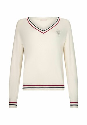 Pull crème à manches longues avec col en V, bordé de rayures rouges, noires et blanches au niveau de l'encolure, des poignets et de l'ourlet, et un petit logo décoratif sur la poitrine.