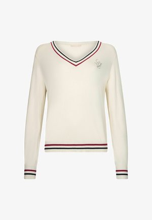 Pull crème à manches longues avec col en V, bordé de rayures rouges, noires et blanches au niveau de l'encolure, des poignets et de l'ourlet, et un petit logo décoratif sur la poitrine.