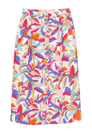 Falda midi floral con patrones de hojas vibrantes en rosa, azul y naranja, cierre frontal de botones y una textura de tela suave.