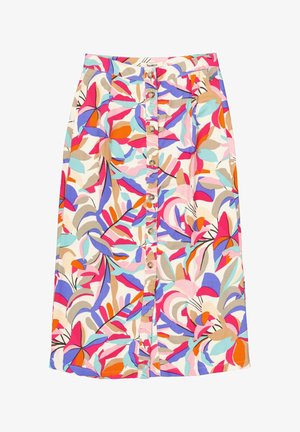 Bloemrijke midi rok met levendige roze, blauwe en oranje bladdessins, knoopsluiting aan de voorkant en een gladde stoffen textuur.