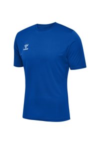 Blå kortärmad t-shirt i slätt tyg. Har en rundad hals och en liten vit logotyp på vänster bröst. Enkelt mönster, inga tryck.