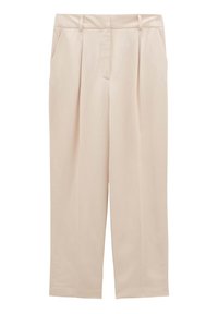 Beige, wide-leg trousers with a smooth texture, front pleats, and side pockets. Features a fitted waistband with belt loops.