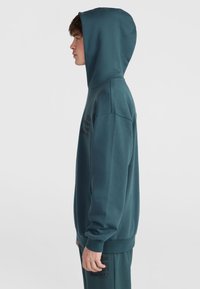 Tirkizna kapuca s kengurujskim žepom i kapuljačom s ušicom. Ima rebraste manžete i donji rub. Na prednjem dijelu se nalaze crni ispisani tekst. Jednostavna, glatka tekstura.