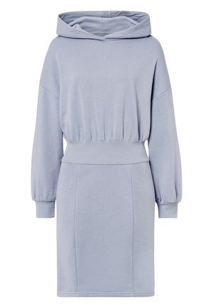 Lichtblauwe katoen jurk met een capuchon, lange pofmouwen, geplooide taille en aansluitende rok. Gladde textuur met geribbelde polsbanden.