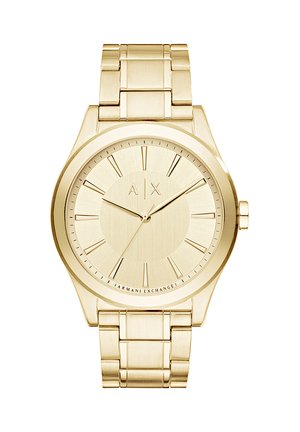 Złototonowy zegarek na rękę Armani Exchange z metalową bransoletą z ogniw, minimalistyczną tarczą, oznaczeniami godzin w formie kresek oraz trzema wskazówkami pokazującymi godzinę 2:10.