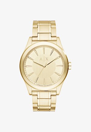 Złototonowy zegarek na rękę Armani Exchange z metalową bransoletą z ogniw, minimalistyczną tarczą, oznaczeniami godzin w formie kresek oraz trzema wskazówkami pokazującymi godzinę 2:10.
