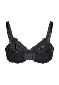 Black lace bra with adjustable straps, hook-and-eye closure, floral pattern, and scalloped edges. Smooth lining and detailed texture.