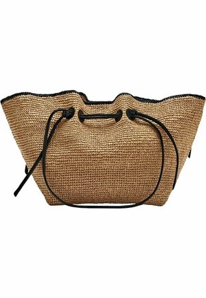 Sac fourre-tout en paille tissée couleur tan avec garniture noire et fines anses à cordon noir, légèrement fronçé à l'ouverture supérieure.