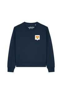 Marineblauwe sweatshirt gemaakt van zachte stof, met een ontspannen pasvorm en een vierkant logo met een hart en regenboogstrepen op de borst.