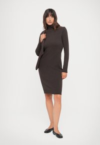 Rochie tricotată de culoare maronie cu guler înalt, cu mâneci lungi, design ajustat, care ajunge până la mijlocul coapsei și are manșete și tiv ribbate. Se poartă balerini negri.