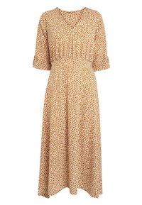 Vestido midi marrón con estampado floral, de mangas cortas, cintura ceñida, escote en V y una tela suave y ligera. Presenta un patrón floral repetido.