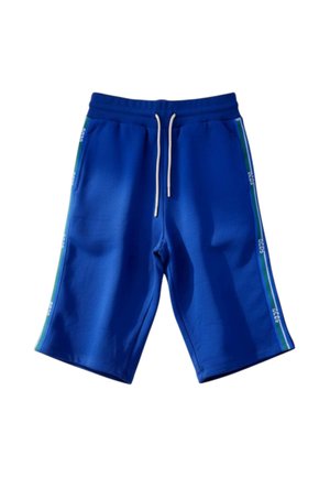 Pantaloncini blu fino al ginocchio con cordoncino bianco regolabile e strisce laterali con piccoli accenti di testo bianco.