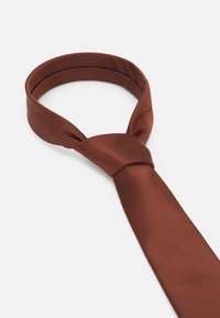 Brown silk tie featuring a ribbed texture and a classic knot design, with a smooth finish and elongated shape.