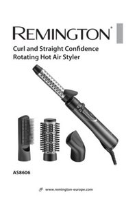 Remington Curl and Straight Confidence -kierroilmahiustenmuotoilija, jossa on musta muotoilu, useita lisäosia ja pyöreä sylinteri ilmanvaihtoaukoilla.
