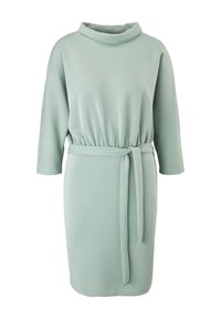 Vihreä mintunvärinen mekko pehmeästä kankaasta, jossa on mock-turtleneck, kolmen neljänneksen hihat ja kangasvyö vyötäröllä.