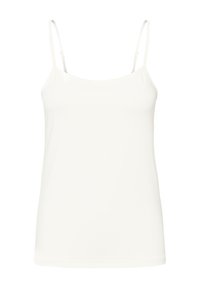 Camiseta de tirantes blanca hecha de tejido ligero, con tirantes delgados ajustables, un escote redondeado y una silueta suave y ligeramente ajustada.