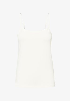 Biała koszulka na ramiączkach wykonana z lekkiego materiału, z cienkimi regulowanymi ramiączkami, okrągłym dekoltem i gładką, lekko dopasowaną sylwetką.