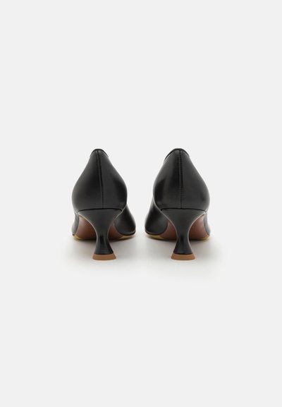 Sapatos de salto alto em couro preto com bico pontiagudo e um salto esguio e curvado. A superfície é suave com um acabamento polido.