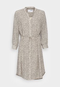 Knopfverschluss-Kleid aus cremefarbenem Stoff mit schwarzem Sprenkelmuster. Verfügt über lange Ärmel, einen Bindegürtel und einen mittellangen Saum.