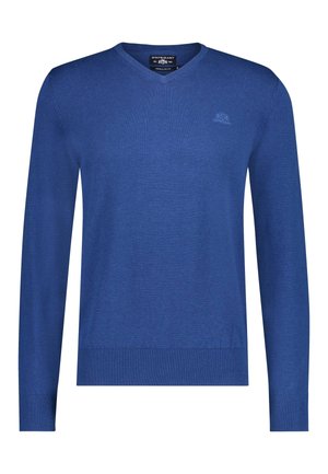 Blauwe V-hals trui met lange mouwen, geribbelde manchetten en zoom, met een klein geborduurd logo op de linker borst.