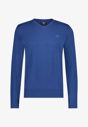 Blauwe V-hals trui met lange mouwen, geribbelde manchetten en zoom, met een klein geborduurd logo op de linker borst.