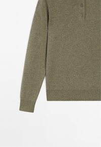 Långärmad olivgrön stickad tröja med ribbade cuffs och fåll, med en tre-knapps öppning vid halsringningen på en vit bakgrund.