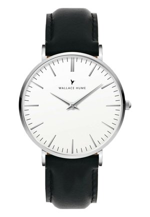 Minimalist wristwatch with white dial, silver hour markers and hands, black leather strap, and Wallace Hume logo below 12 o'clock.