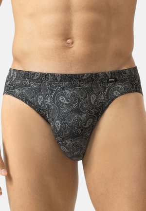 Schwarze Bikini-Unterhosen mit einem Paisleymuster in Grautönen. Hergestellt aus weichem Stoff mit einer glatten Textur und einem mittelhohen Design.
