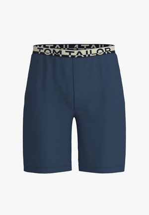 Navyblauwe shorts met een elastische tailleband, voorzien van het 'TOM TAILOR' logo in crème. Gemaakt van een zachte stof, ontworpen voor comfort.