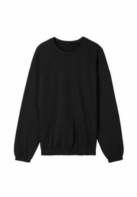 Sudadera negra con escote redondeado, mangas raglán y dobladillo fruncido. Fabricada en una tela suave con una textura lisa.