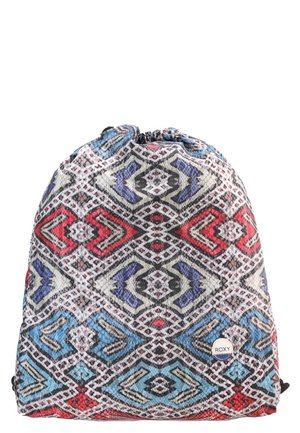 Worek ze sznurkiem z misternymi geometrycznymi wzorami w kolorach czerwonym, niebieskim, białym i czarnym oraz małym, okrągłym logo Roxy w prawym dolnym rogu.