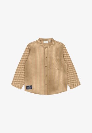 Chemise à carreaux marron clair avec un col mandarin, manches longues, devant boutonné et poche poitrine. Tissu texturé et respirant.