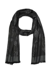 Écharpe noire en tissu doux, avec un motif en relief subtil, des bords à franges et un design drapé adapté à diverses options de style.