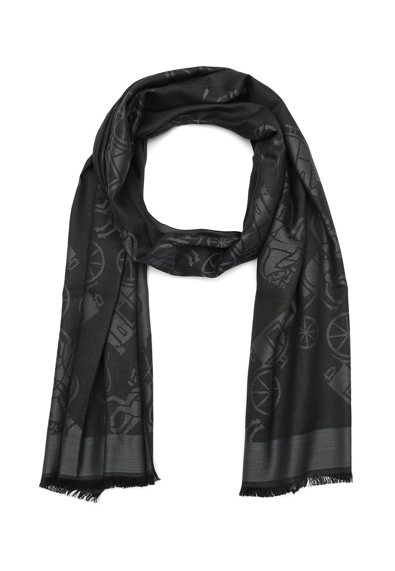 Écharpe noire en tissu doux, avec un motif en relief subtil, des bords à franges et un design drapé adapté à diverses options de style.