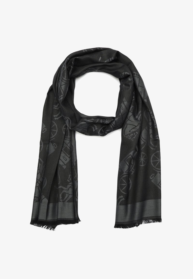 Black scarf made of soft fabric, featuring a subtle embossed pattern, fringed edges, and a draped design suitable for various styling options.
