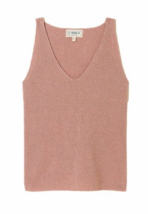 Helles rosa gestricktes Tanktop mit V-Ausschnitt und breiten Trägern, das eine gleichmäßige Textur und eine lockere Form aufweist. Markenetikett auf der Rückseite sichtbar.