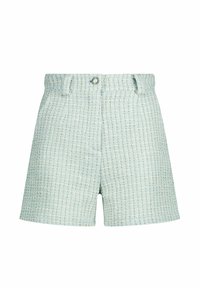 Lichtblauwe tweed shorts met een gestructureerd patroon, hoge taille en een knoopsluiting aan de voorkant. Geen zichtbare zakken.
