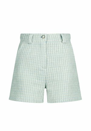Helles blaugraues Tweed-Shorts mit einem strukturierten Muster, hoher Taille und einem Frontknopfverschluss. Keine sichtbaren Taschen.