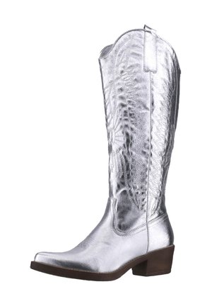 Botas de vaquero plateadas con punta afilada, caña de altura media, costuras decorativas y tacón apilado. Hechas de un material metálico brillante.