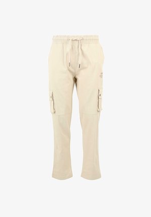 Pantalons cargo beiges avec une taille élastique et un cordon de serrage. Comprend deux poches latérales et un logo imprimé à l'avant. Matériau en coton doux.