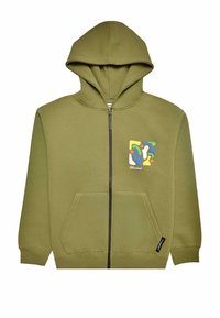 Olivengrøn lynlås-hættejakke med en frontlomme, prydet med et farverigt abstrakt design på venstre brystområde og en tekstureret inderside.