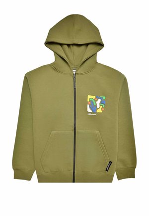 Felpa con zip di colore verde oliva, dotata di tasca frontale, con un design astratto colorato sull'area sinistra del petto e un interno strutturato.