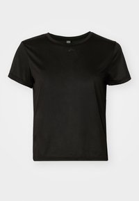 Svart kortermet t-skjorte laget av glatt stoff, med rund hals og en avslappet passform. Inkluderer minimale designdetaljer.
