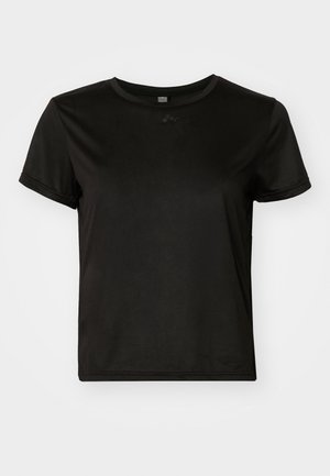 Svart kortermet t-skjorte laget av glatt stoff, med rund hals og en avslappet passform. Inkluderer minimale designdetaljer.