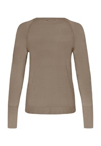 Pull en tricot marron à manches longues avec poignets et ourlet côtelés, vu de dos avec un design simple et sans coutures.