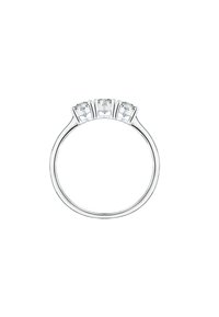 Anello tre pietre con una fascia in argento lucido e tre pietre trasparenti tagliate rotonde montate in griffe. Design semplice ed elegante.