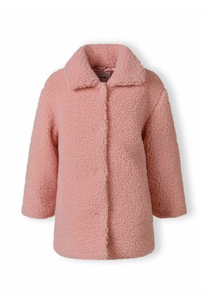 Veste en fausse fourrure rose avec une finition douce et texturée, col classique et fermeture à boutons sur le devant. Dotée de manches trois-quarts et d'une coupe décontractée.