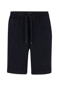 Pantaloni corti blu navy realizzati in tessuto leggero con vita elasticizzata, chiusura con coulisse e taglio dritto; senza tasche né pattern.